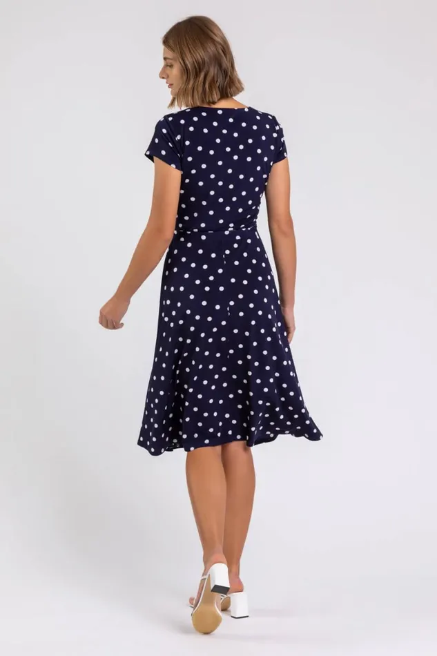 Women Navy Spot Print Jersey Stretch Dress Roman Dresses