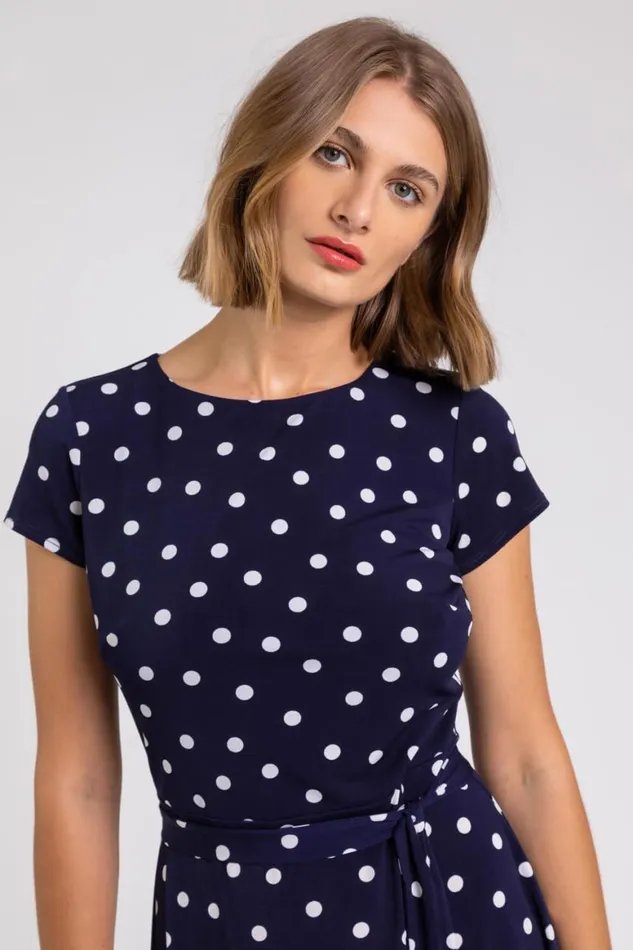 Women Navy Spot Print Jersey Stretch Dress Roman Dresses