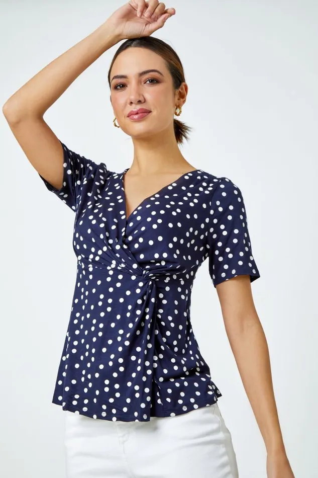 Women Navy Spot Print Side Twist Wrap Top Roman Tops