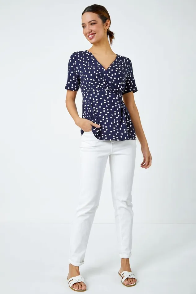Women Navy Spot Print Side Twist Wrap Top Roman Tops