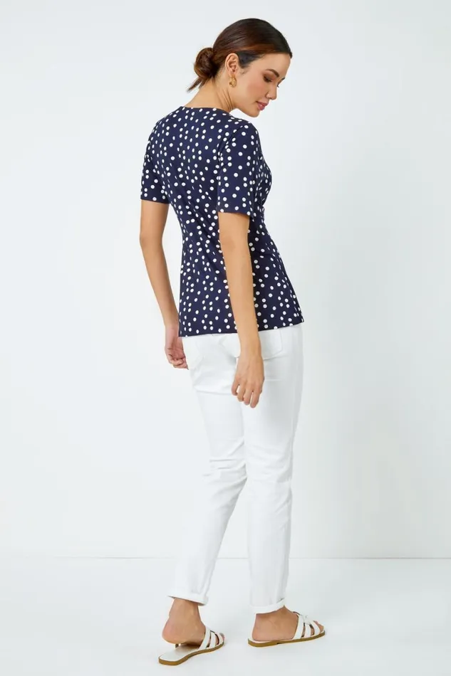 Women Navy Spot Print Side Twist Wrap Top Roman Tops