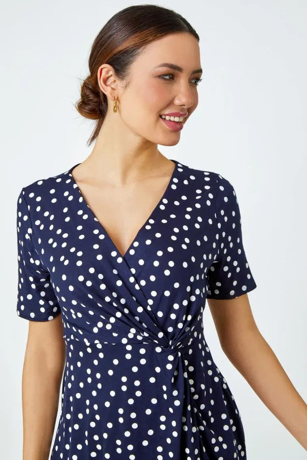 Women Navy Spot Print Side Twist Wrap Top Roman Tops