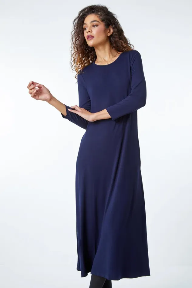 Women Navy Stretch Pocket Detail Midi Dress Roman Dresses