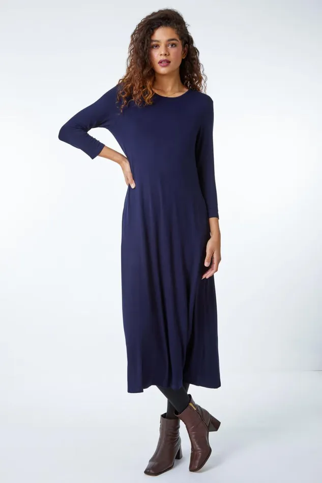 Women Navy Stretch Pocket Detail Midi Dress Roman Dresses