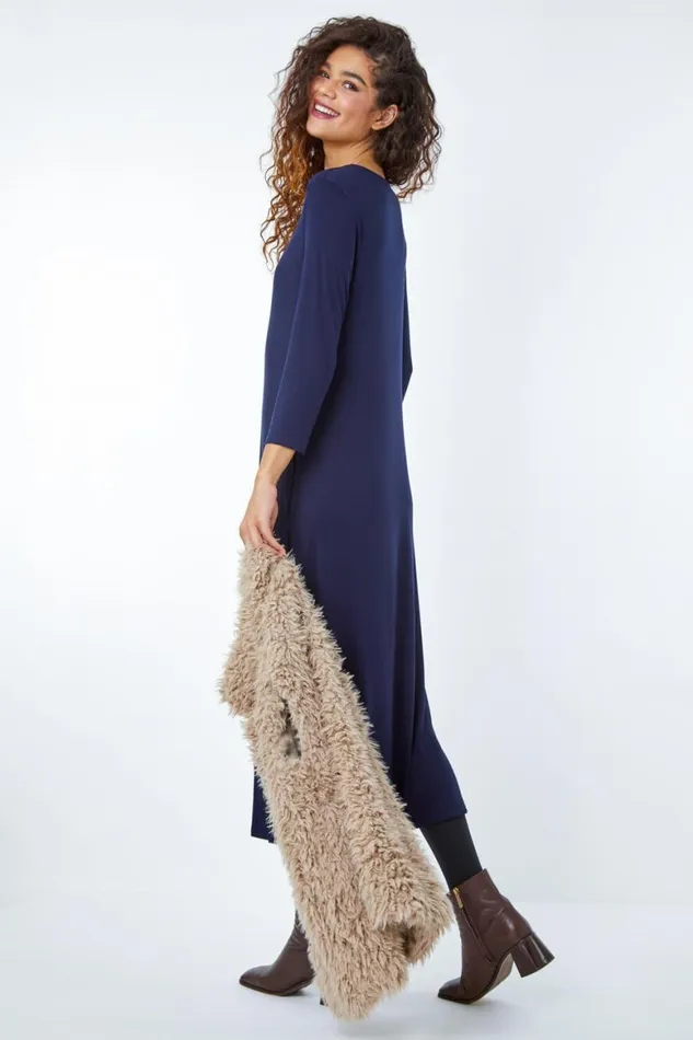 Women Navy Stretch Pocket Detail Midi Dress Roman Dresses
