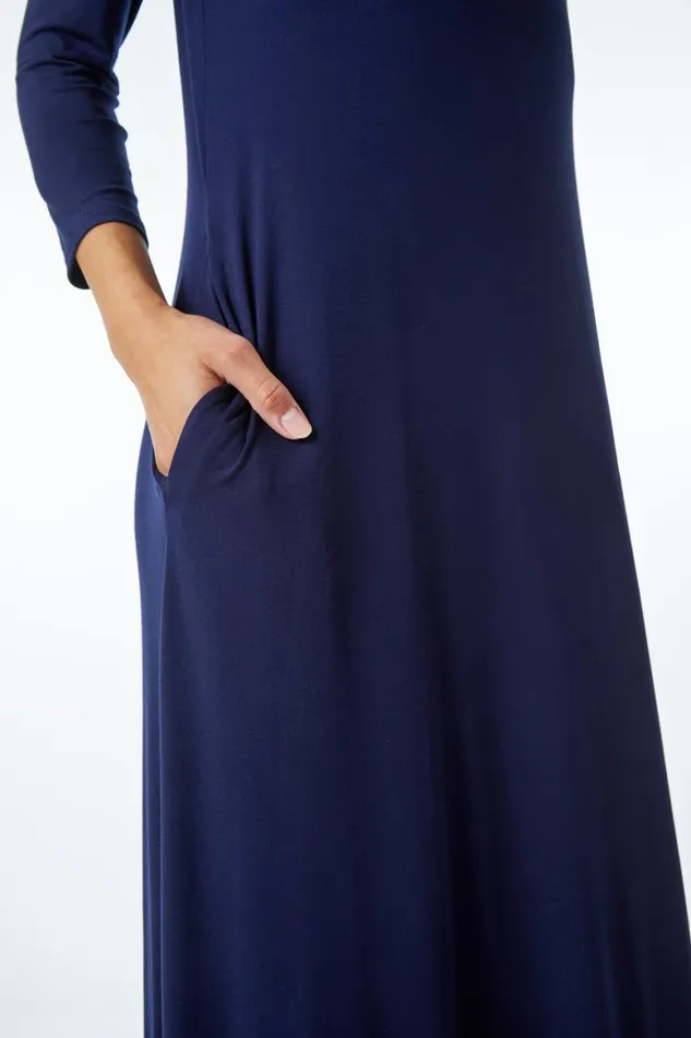 Women Navy Stretch Pocket Detail Midi Dress Roman Dresses