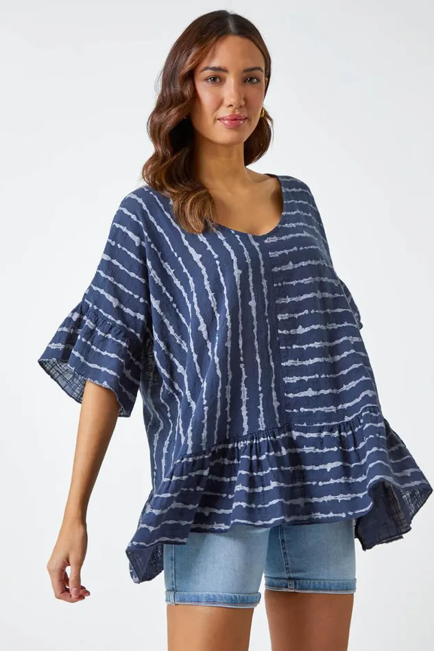 Women Navy Striped Frill Hem Cotton Tunic Top Roman Tops