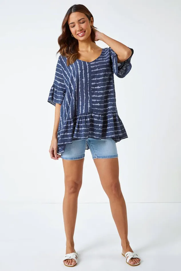 Women Navy Striped Frill Hem Cotton Tunic Top Roman Tops