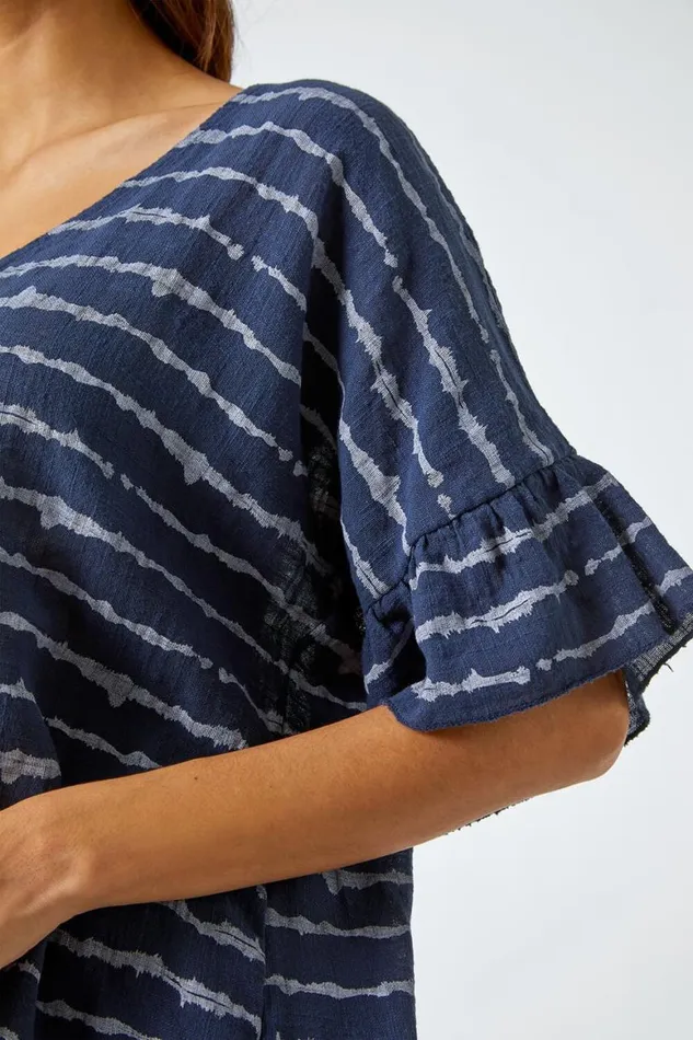 Women Navy Striped Frill Hem Cotton Tunic Top Roman Tops