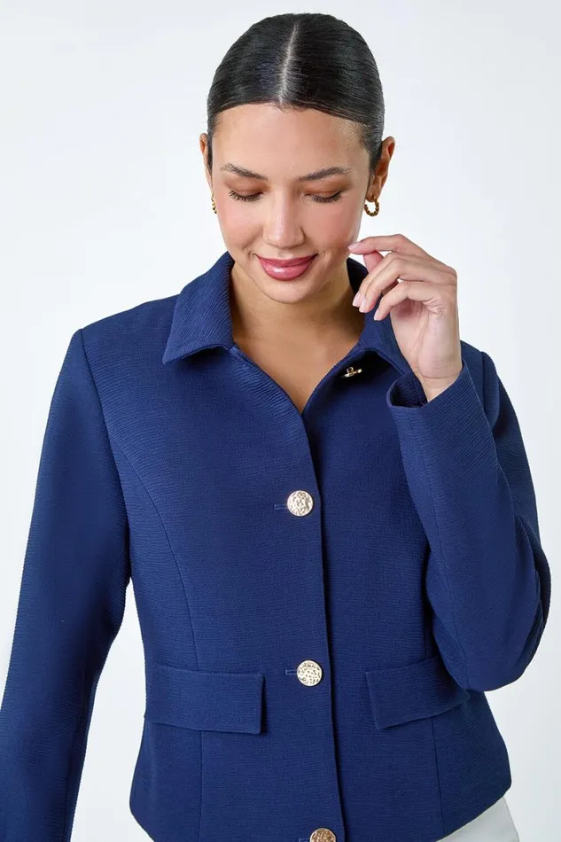 Women Navy Textured Button Detail Jacket Roman Occasionwear