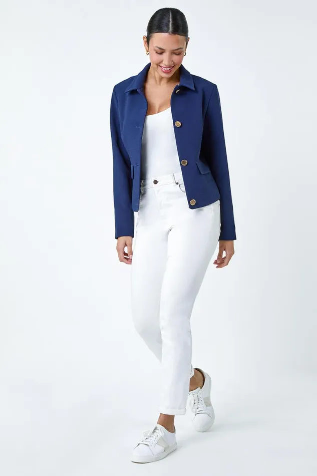 Women Navy Textured Button Detail Jacket Roman Occasionwear