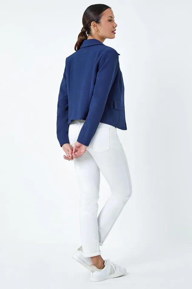 Women Navy Textured Button Detail Jacket Roman Occasionwear