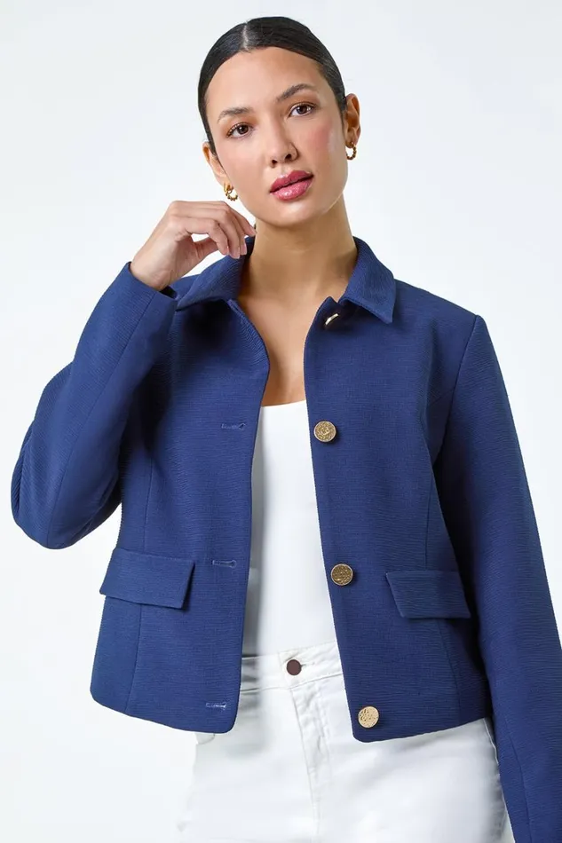 Women Navy Textured Button Detail Jacket Roman Occasionwear