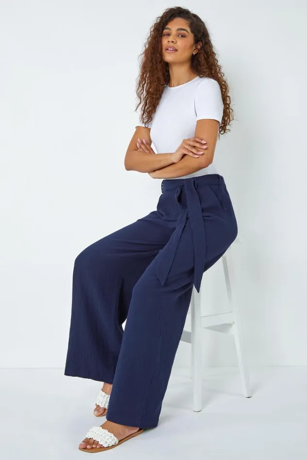 Women Navy Textured Cotton Wide Leg Trousers Roman Trousers