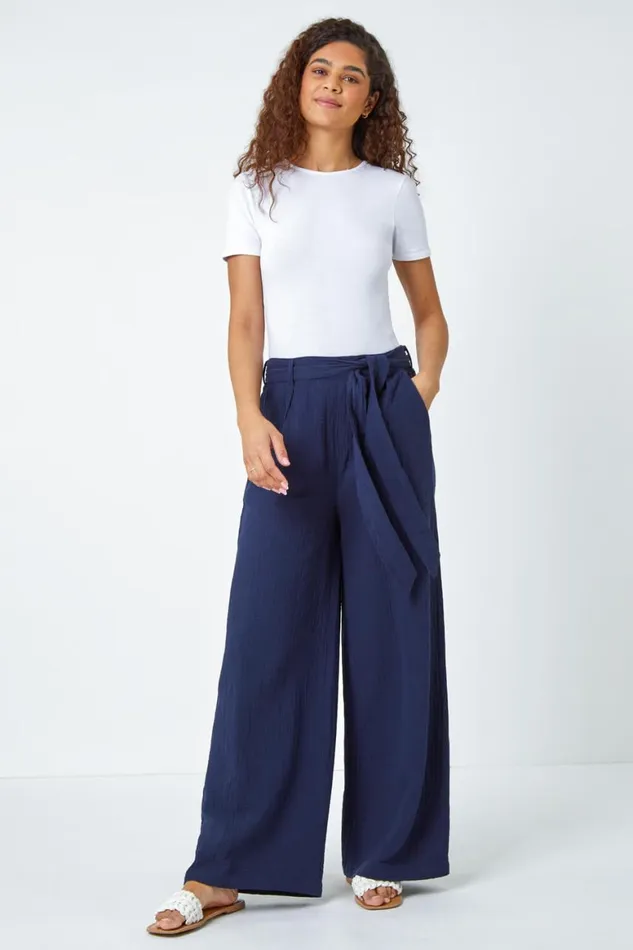 Women Navy Textured Cotton Wide Leg Trousers Roman Trousers
