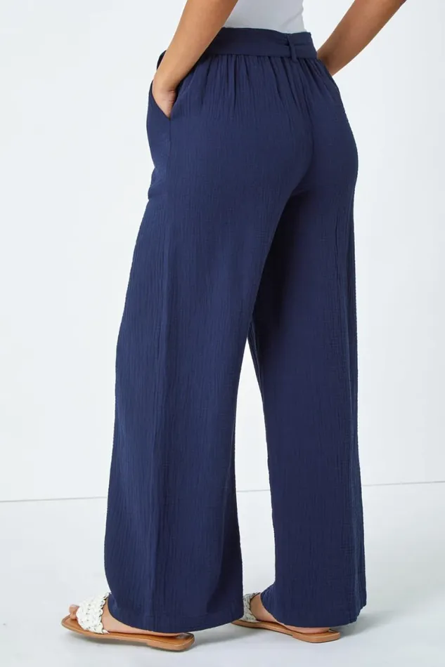 Women Navy Textured Cotton Wide Leg Trousers Roman Trousers
