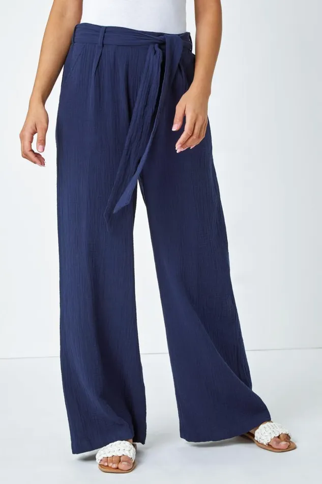 Women Navy Textured Cotton Wide Leg Trousers Roman Trousers
