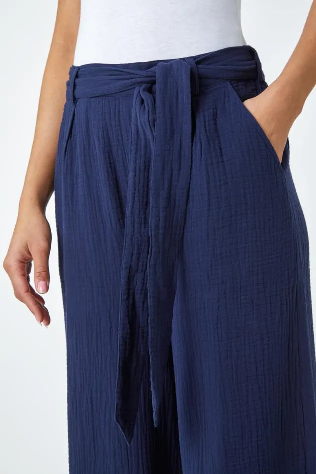 Women Navy Textured Cotton Wide Leg Trousers Roman Trousers