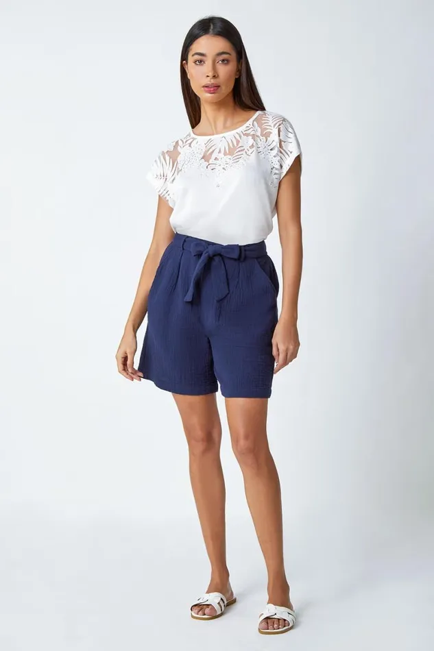 Women Navy Textured Tie Waist Cotton Shorts Roman Trousers