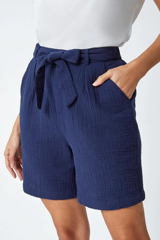 Women Navy Textured Tie Waist Cotton Shorts Roman Trousers