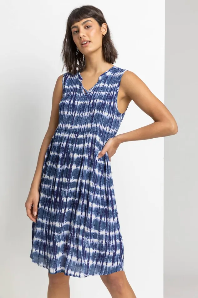 Women Navy Tie Dye Print Crinkle Swing Dress Roman Dresses