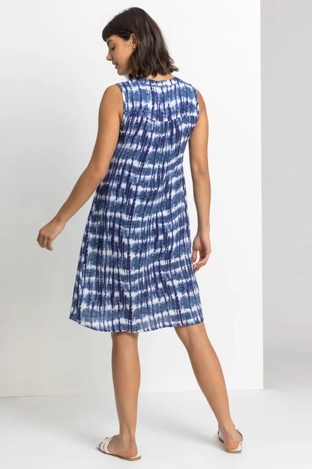 Women Navy Tie Dye Print Crinkle Swing Dress Roman Dresses