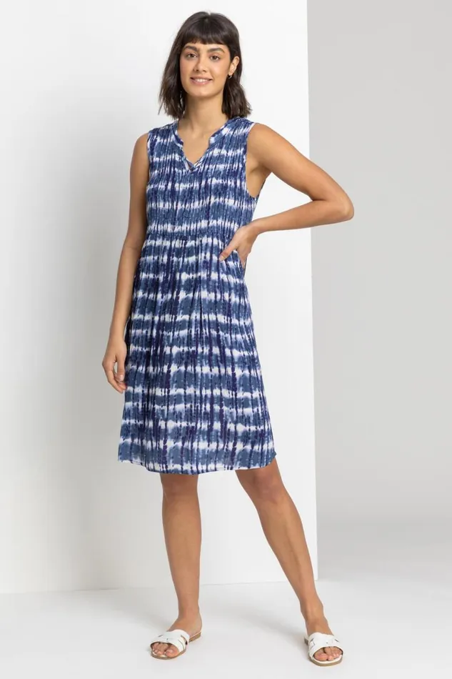 Women Navy Tie Dye Print Crinkle Swing Dress Roman Dresses
