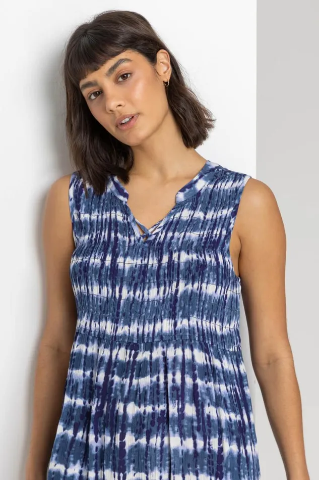 Women Navy Tie Dye Print Crinkle Swing Dress Roman Dresses