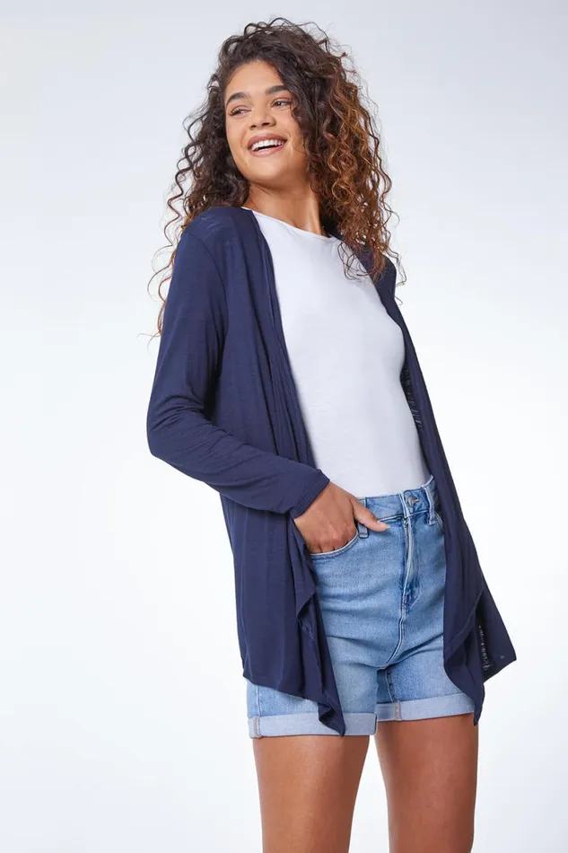 Women Navy Waterfall Front Jersey Cardigan Roman Tops