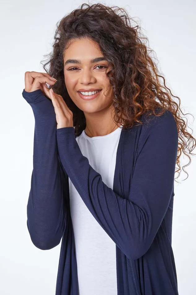 Women Navy Waterfall Front Jersey Cardigan Roman Tops