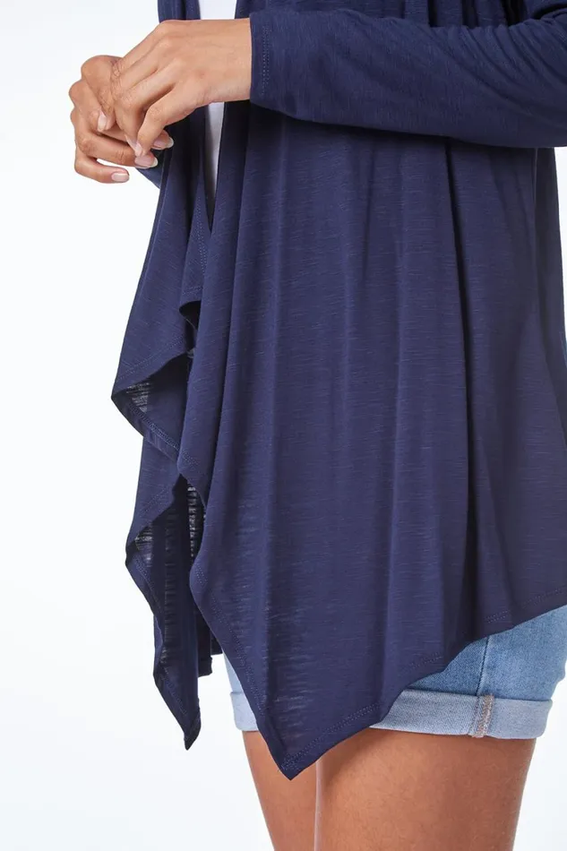 Women Navy Waterfall Front Jersey Cardigan Roman Tops