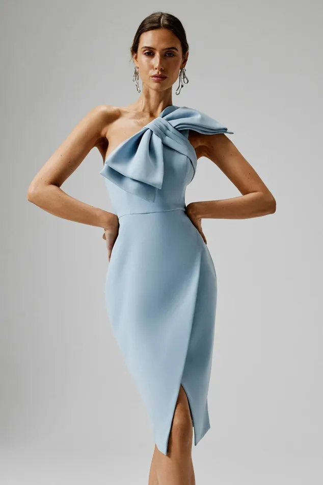 Women Off The Shoulder and Bardot Lavish Alice CAMERON One Shoulder Statement Bow Midi Dress In Dusty Blue Dusty Blue