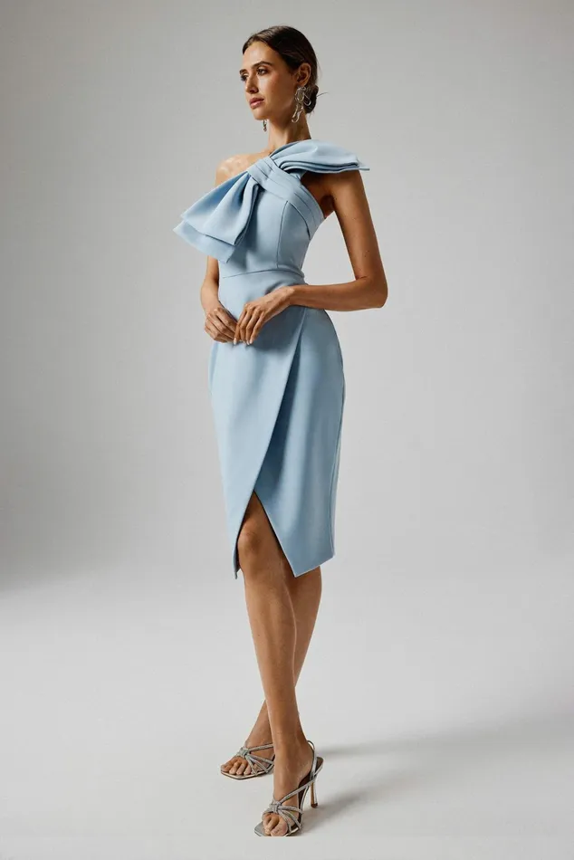 Women Off The Shoulder and Bardot Lavish Alice CAMERON One Shoulder Statement Bow Midi Dress In Dusty Blue Dusty Blue