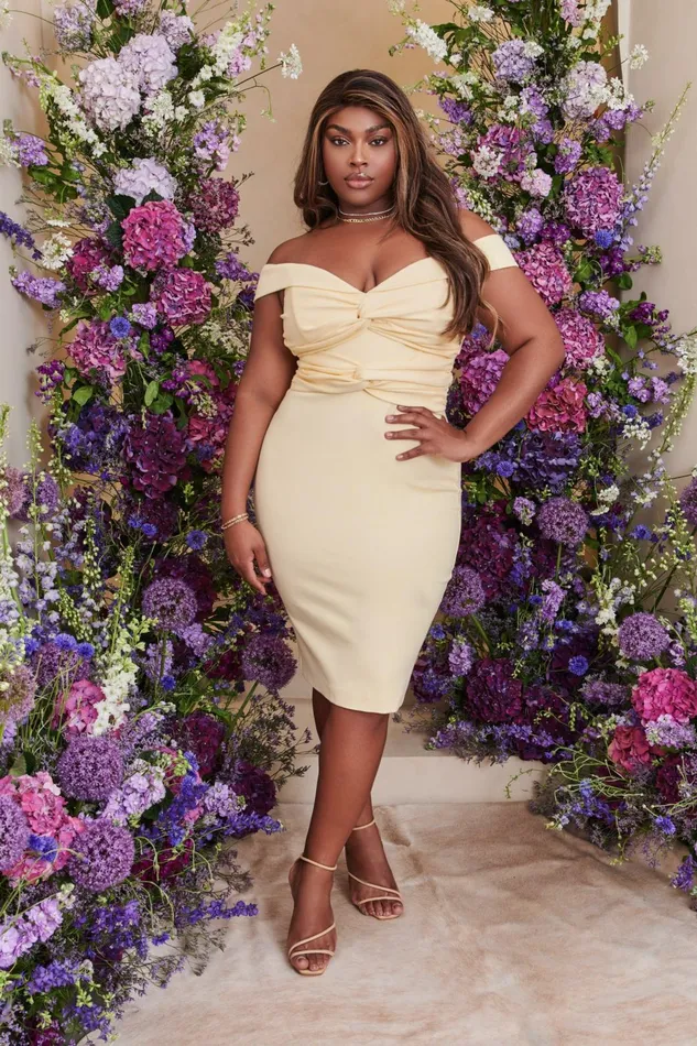 Women Off The Shoulder and Bardot Lavish Alice CLAIRE Curve Off Shoulder Twist Ponte Midi Dress In Butter Butter