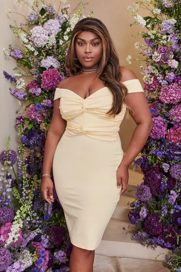 Women Off The Shoulder and Bardot Lavish Alice CLAIRE Curve Off Shoulder Twist Ponte Midi Dress In Butter Butter