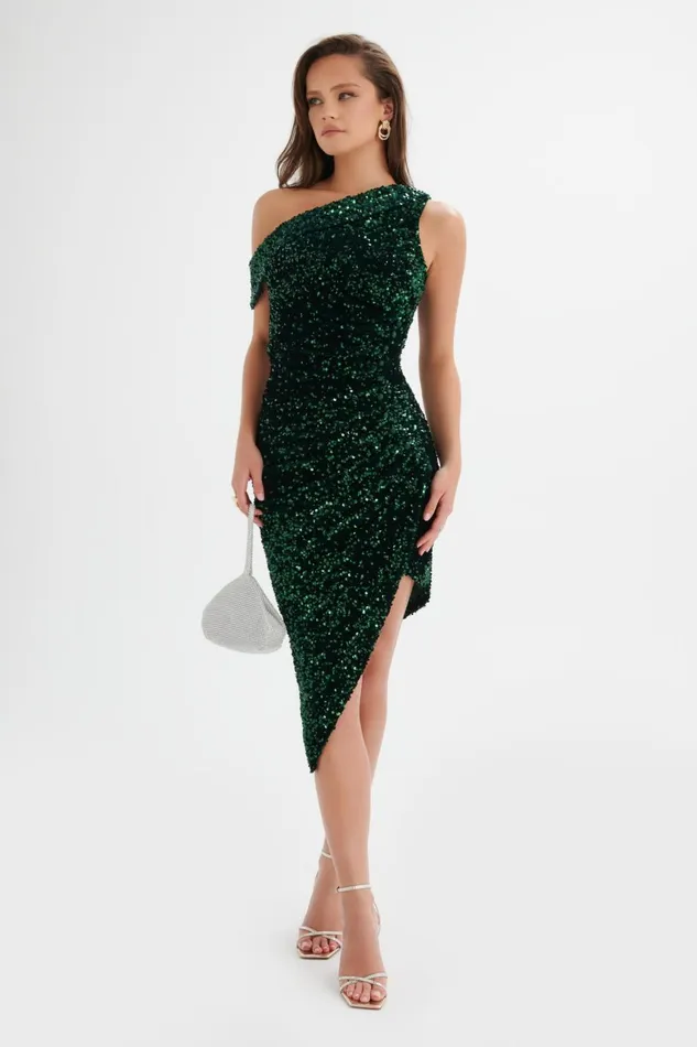 Women Off The Shoulder and Bardot Lavish Alice NOELE Velvet Sequin Off Shoulder Wrap Midi Dress In Emerald Green Emerald Green