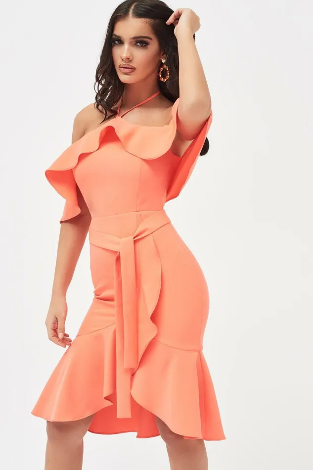 Women Off The Shoulder and Bardot Lavish Alice PAISLEY Bardot Frill Halterneck Midi Dress In Neon Coral Neon Coral Women Off The Shoulder and Bardot Lavish Alice PAISLEY Bardot Frill Halterneck Midi Dress In Neon Coral Neon Coral