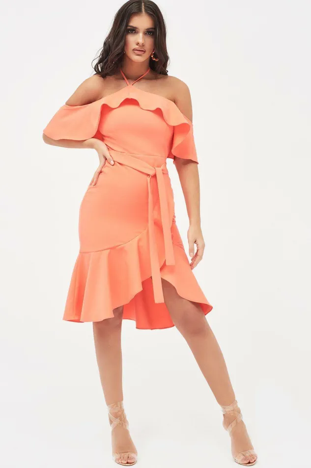 Women Off The Shoulder and Bardot Lavish Alice PAISLEY Bardot Frill Halterneck Midi Dress In Neon Coral Neon Coral