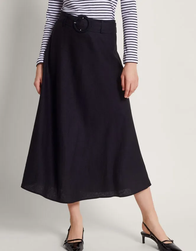 Women Olive Belted Midi Skirt Black Monsoon Linen