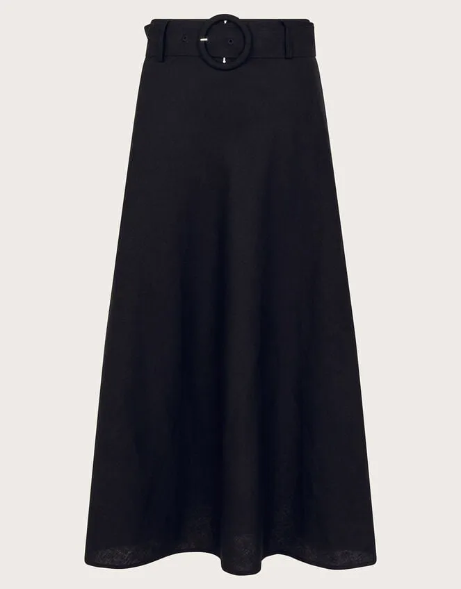 Women Olive Belted Midi Skirt Black Monsoon Linen