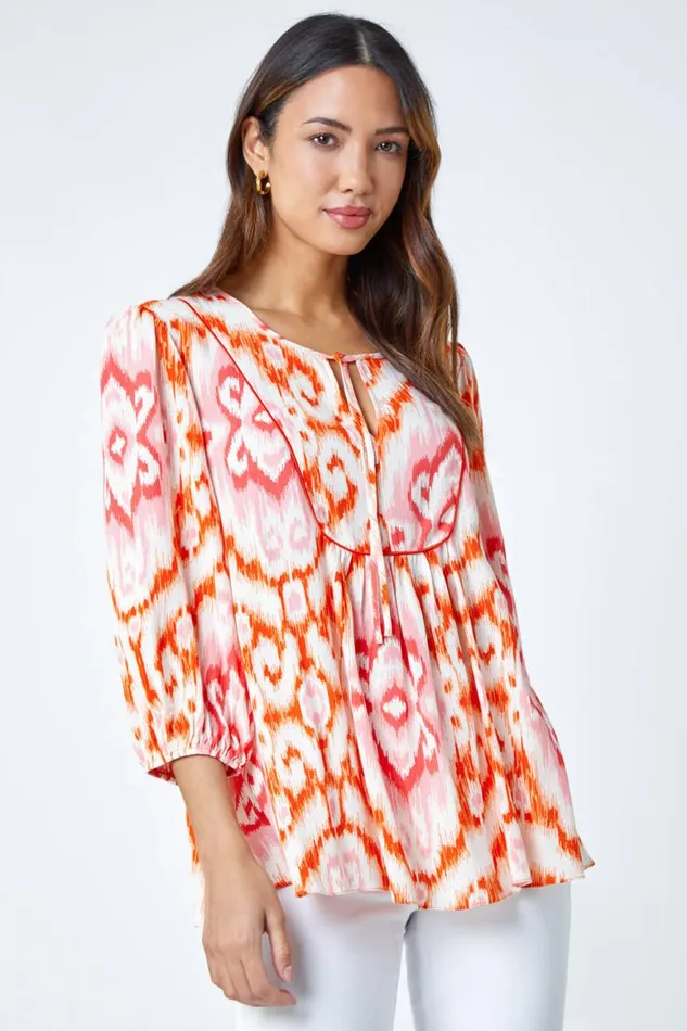 Women Orange Abstract Print Tie Detail Tunic Smock Top Roman Tops