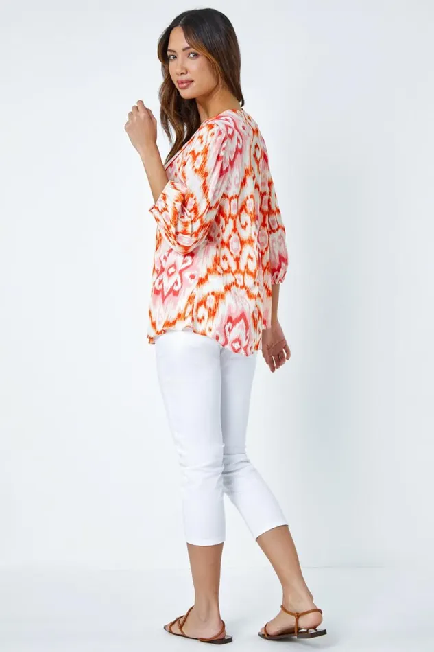 Women Orange Abstract Print Tie Detail Tunic Smock Top Roman Tops