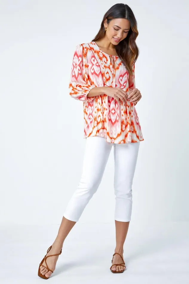 Women Orange Abstract Print Tie Detail Tunic Smock Top Roman Tops