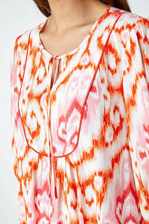 Women Orange Abstract Print Tie Detail Tunic Smock Top Roman Tops