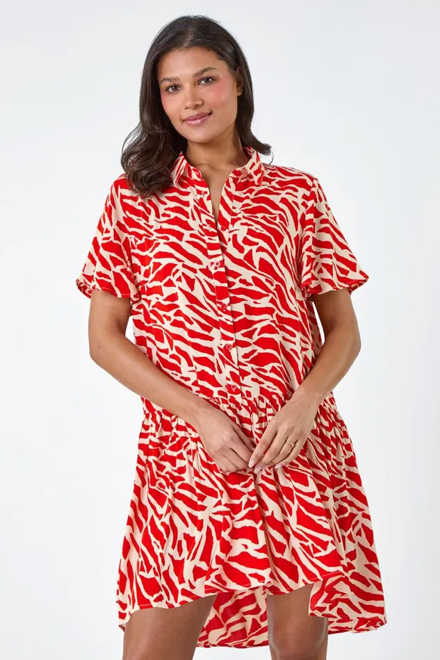 Women Orange Animal Print Tiered Smock Dress Roman Dresses