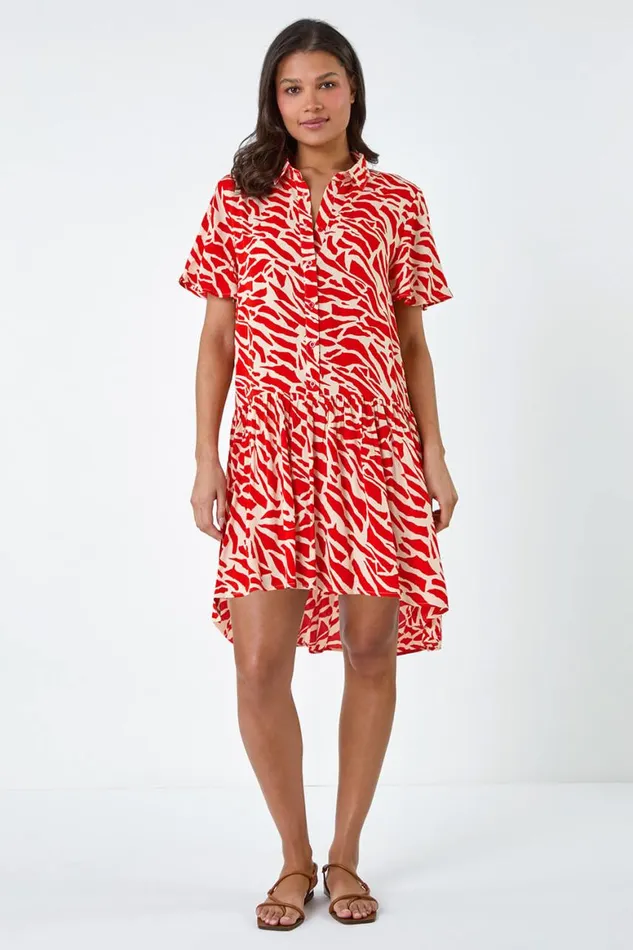 Women Orange Animal Print Tiered Smock Dress Roman Dresses