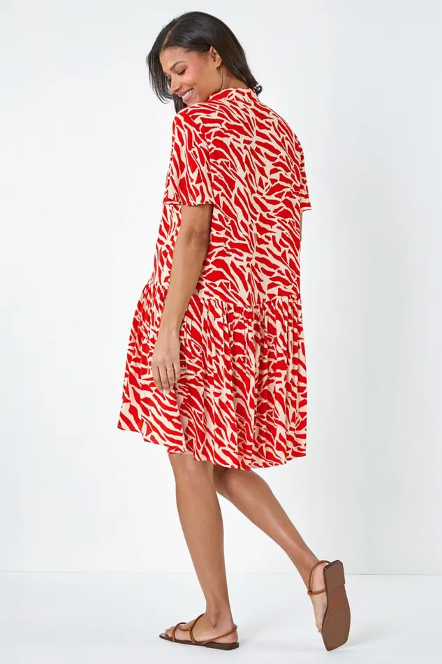 Women Orange Animal Print Tiered Smock Dress Roman Dresses