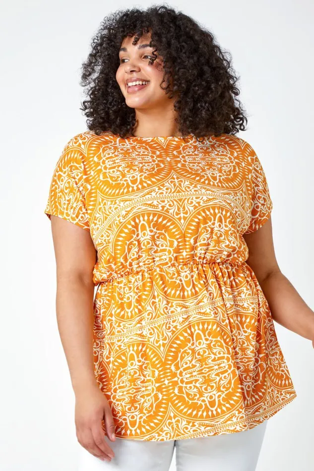 Women Orange Curve Aztec Print Stretch Top Roman Tops