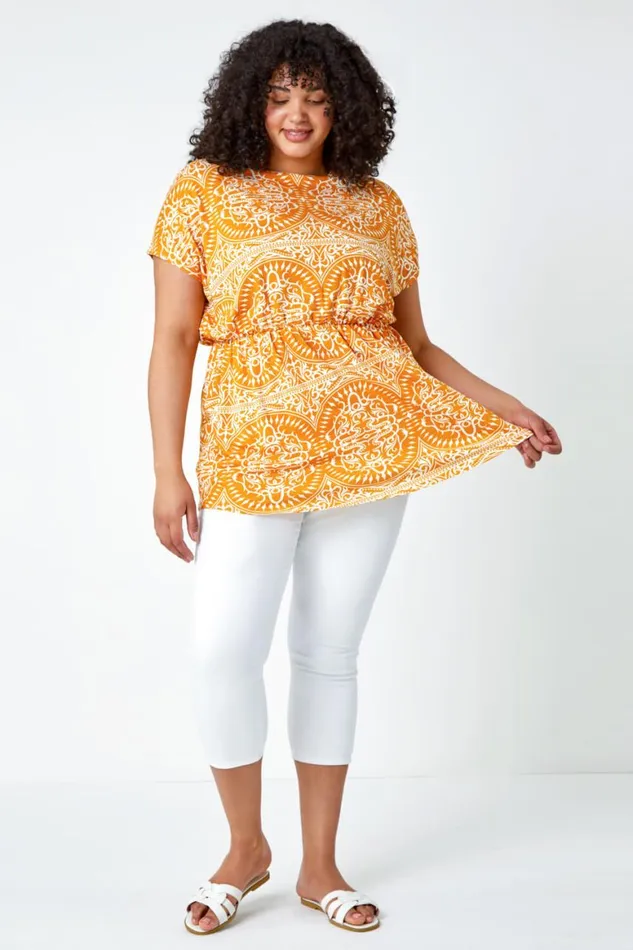 Women Orange Curve Aztec Print Stretch Top Roman Tops