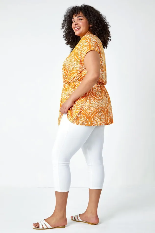 Women Orange Curve Aztec Print Stretch Top Roman Tops